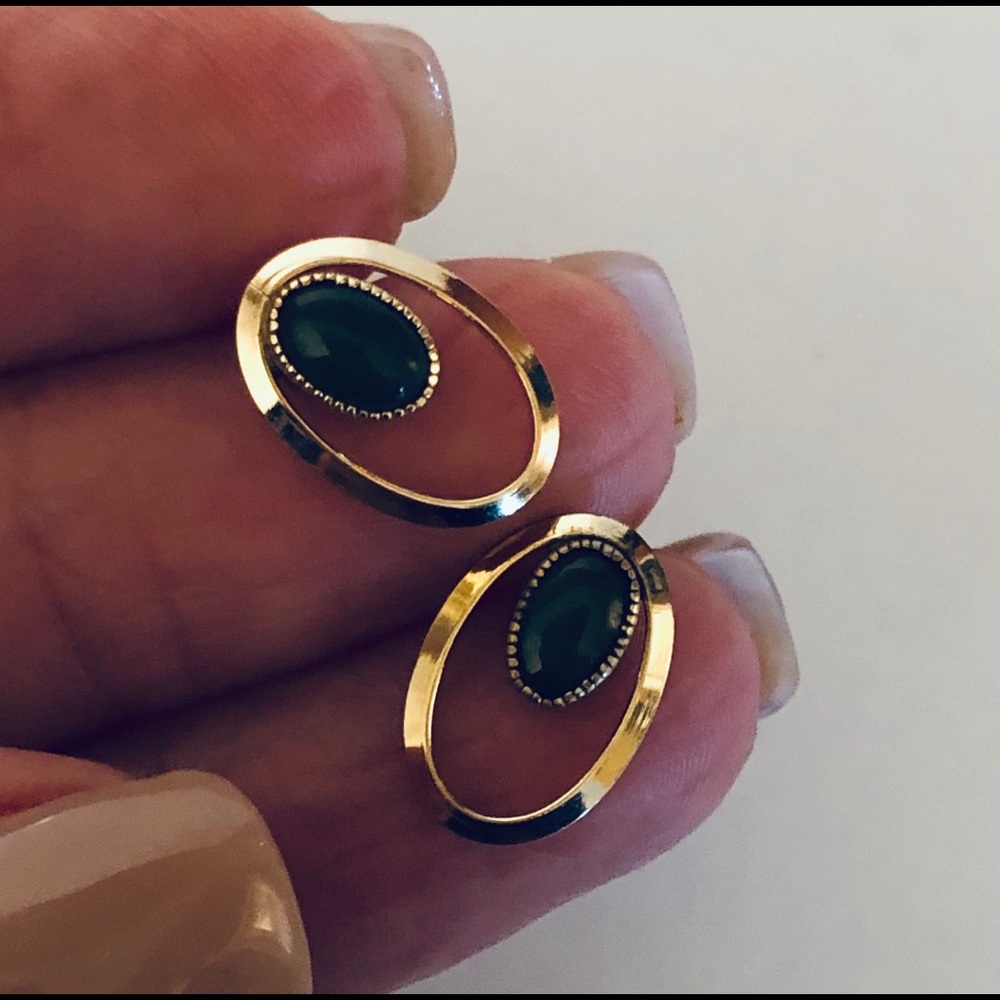Gold Hoop Earrings with Green Stone - Picture 2 of 7